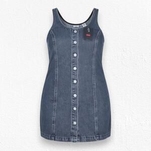 Levi's Black Full Button Down Pinafore Overall Mini Tuli Denim Dress Size XS